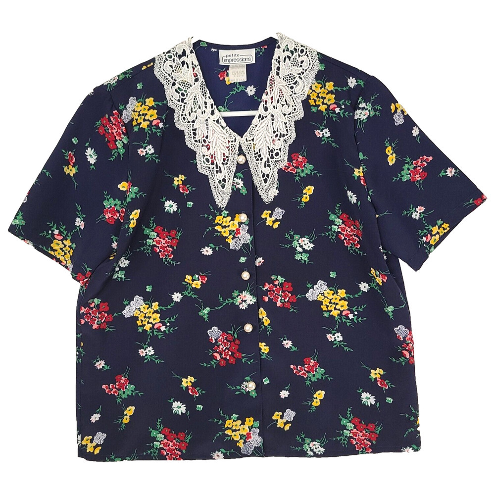 Petite Impressions Floral Blouse 8 Doily Lace Peter Pan Collar Cottagecore VTG